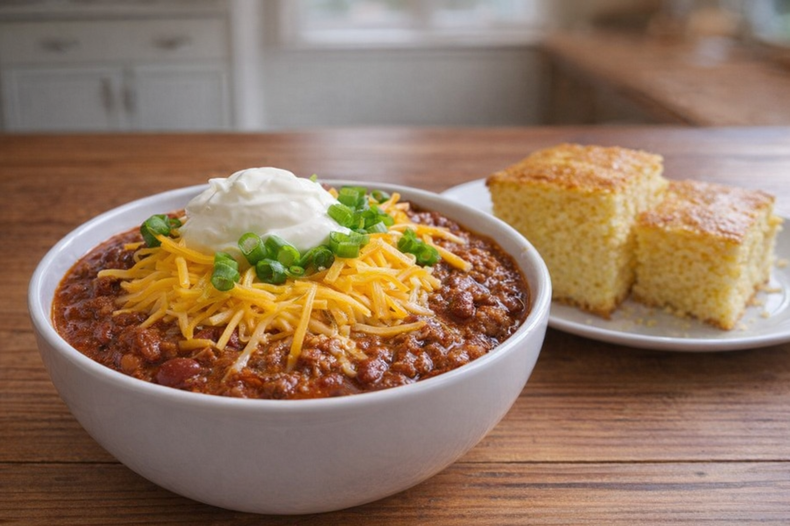 A brightly lit photo of a bowl of chili with shredded cheese, sour cream, and green onions, served with a side of cornbread on a wooden table.